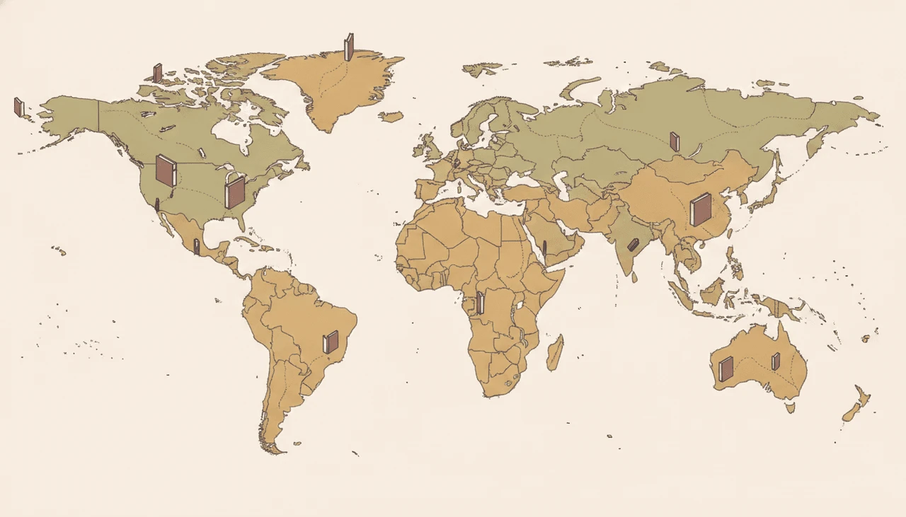 A stylised world map in sage and gold, with small books standing on countries around the globe