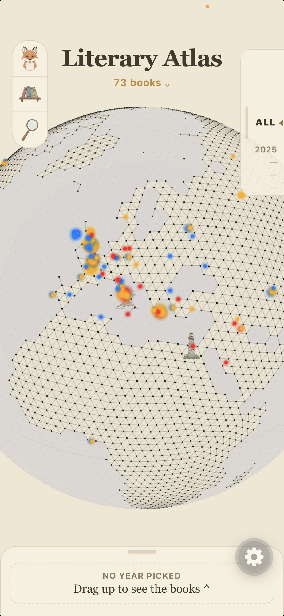 The globe with 73 books plotted across Europe, Africa and the Middle East, coloured by works, authors and events
