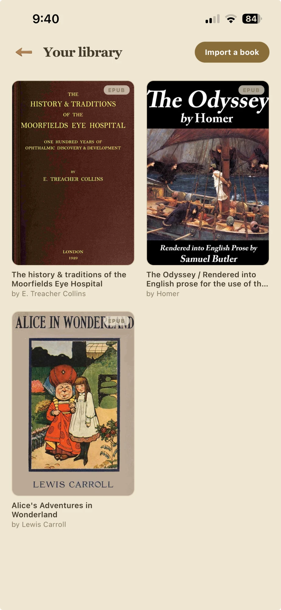 Your personal library of imported ebooks