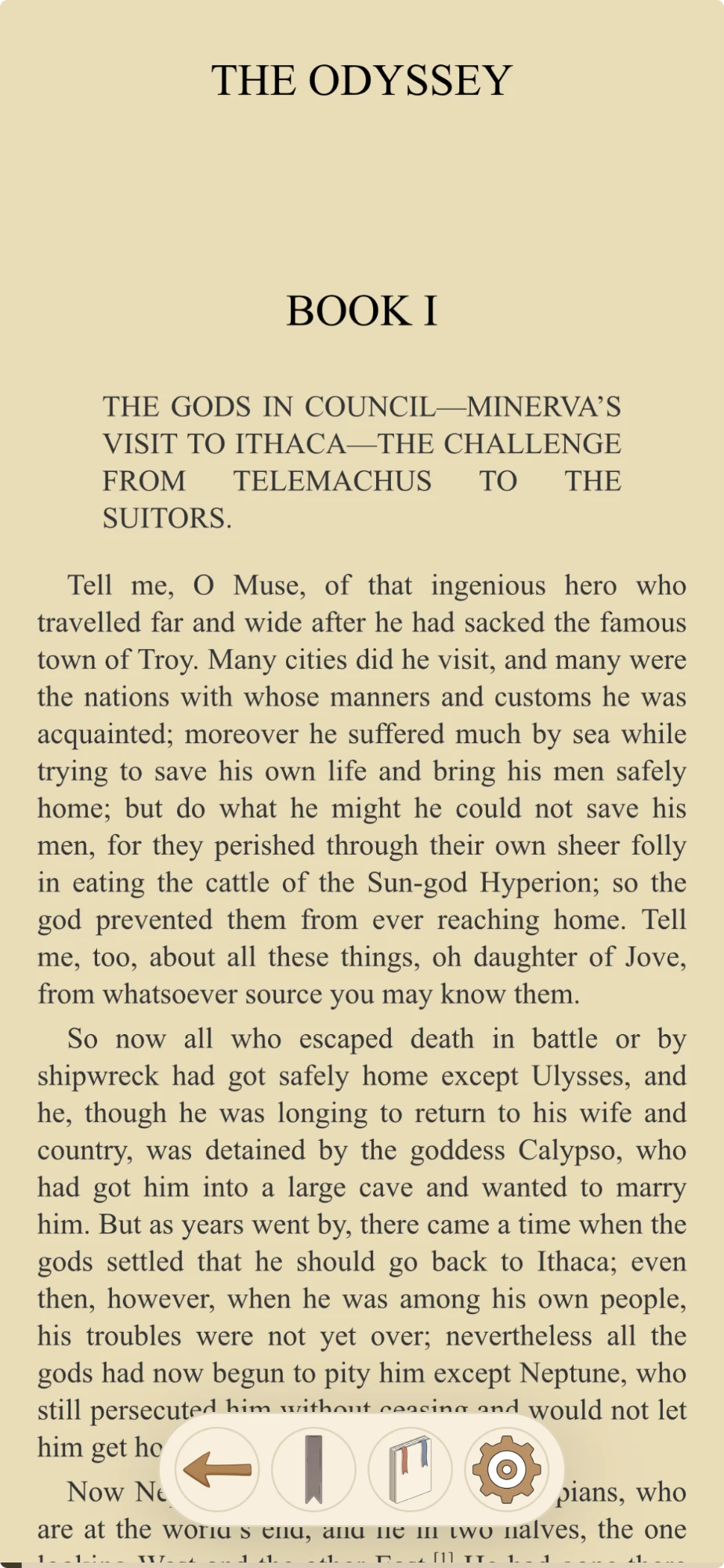 Reading The Odyssey in a warm sepia theme